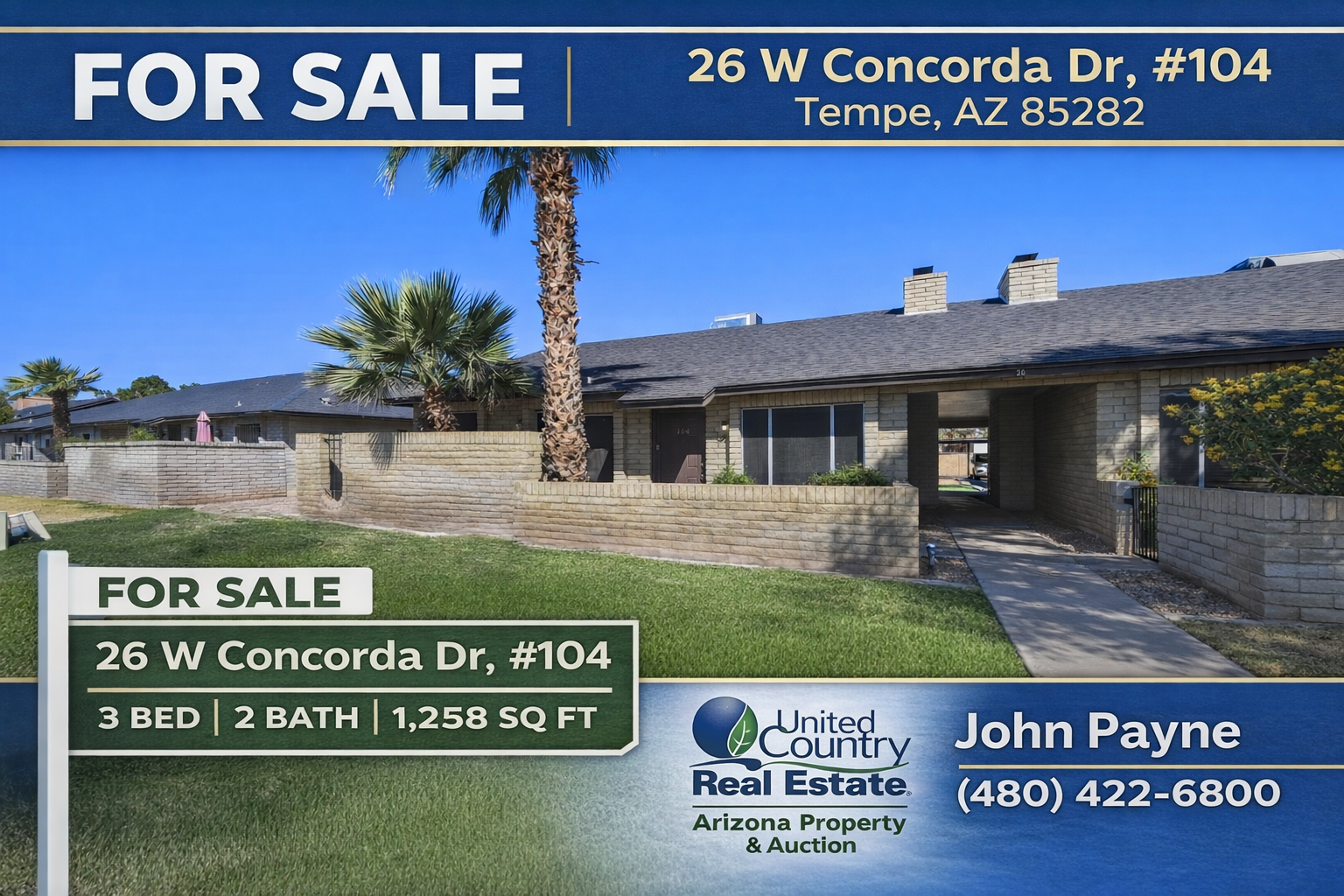 Front exterior view of 26 W Concorda Dr #104, a 3-bedroom, 2-bath condominium for sale in Tempe, Arizona near Arizona State University.